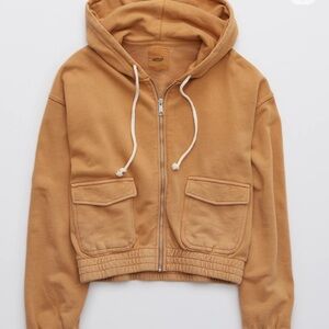 Aerie Camel Cropped Full Zip Hoodie Women’s M Pockets Cotton Blend